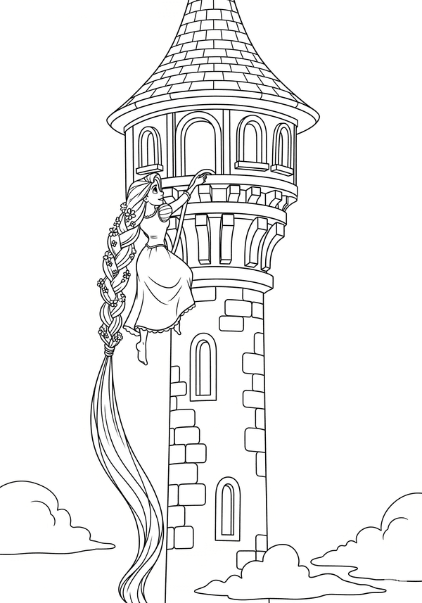 Rapunzel escaping from a tower coloring page