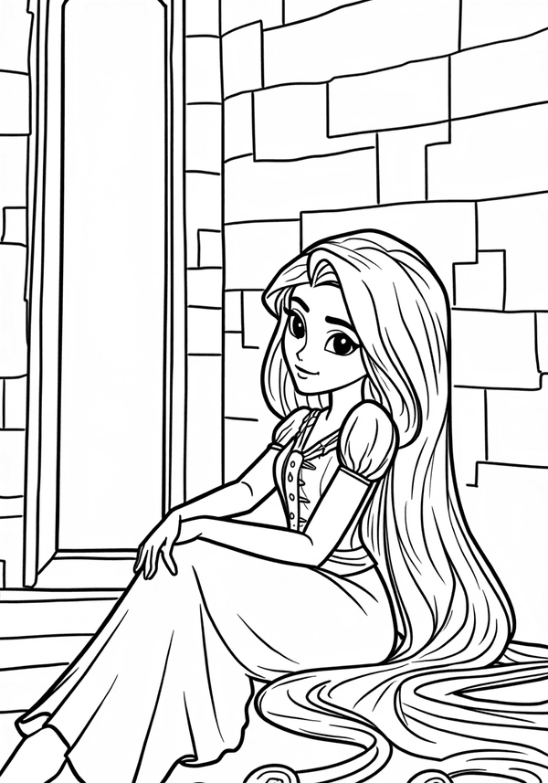 Rapunzel painting in her tower coloring page