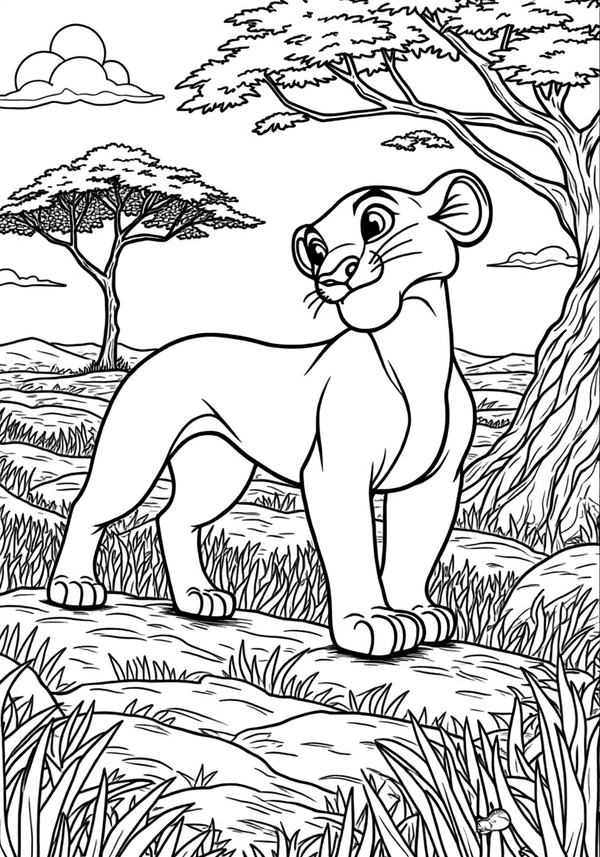 Simba and Nala exploring the Pride Lands coloring page