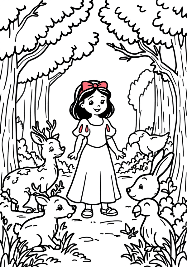 Snow White talking to forest animals coloring page