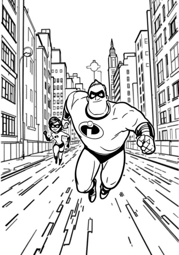 The Incredibles racing through the city coloring page
