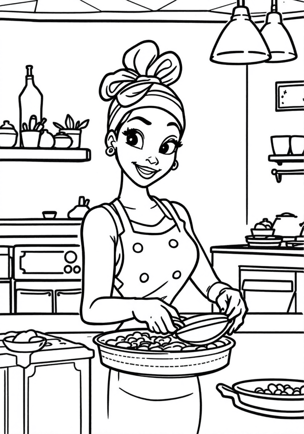 Tiana cooking at her restaurant coloring page