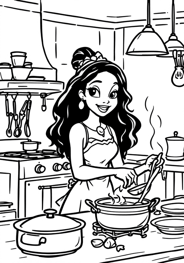 Tiana cooking gumbo in her restaurant coloring page