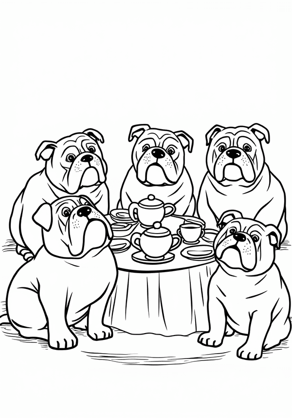 Bulldogs having a tea party coloring page