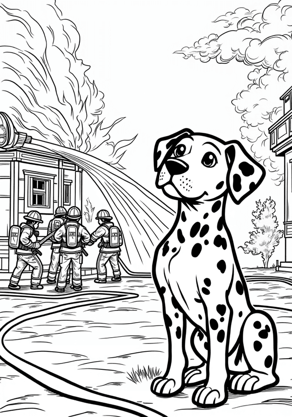 Dalmatian watching firefighters work coloring page