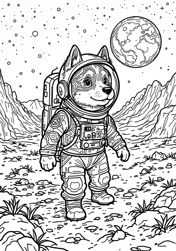 Dog astronaut exploring the moon coloring page