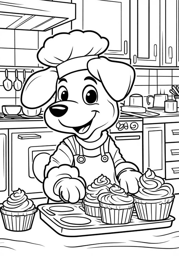 Dog baking cupcakes in the kitchen coloring page