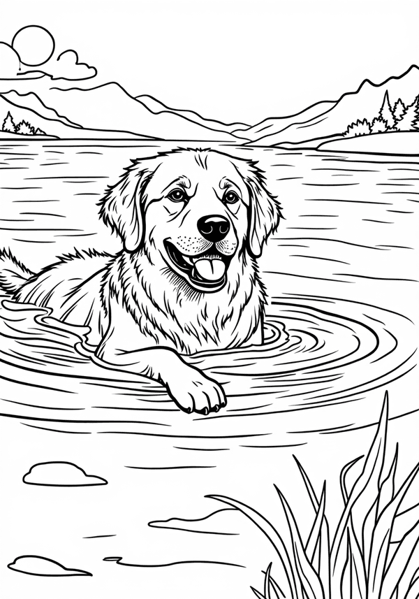 Golden Retriever swimming in a lake coloring page