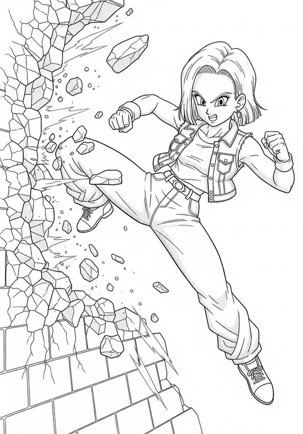 Android 18 kicking down a wall coloring page