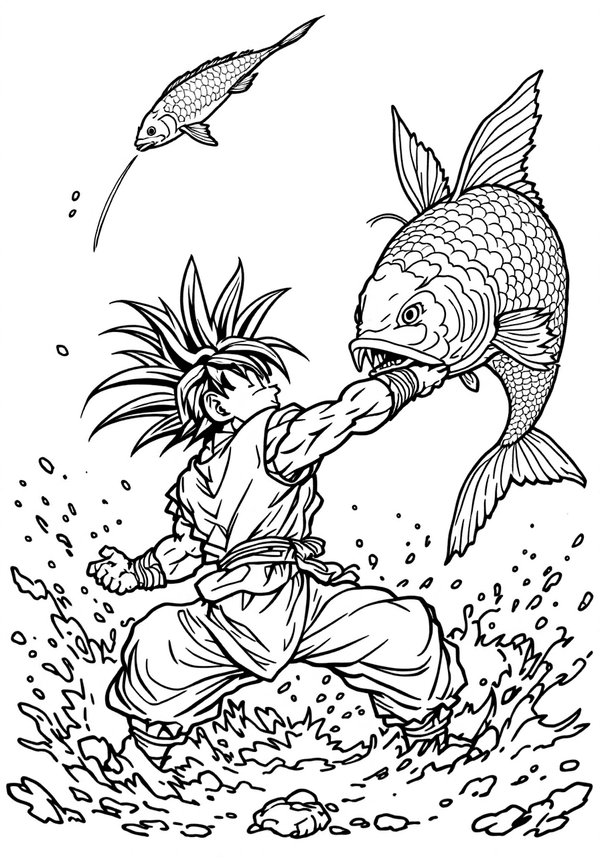 Goku trying to catch flying fish coloring page