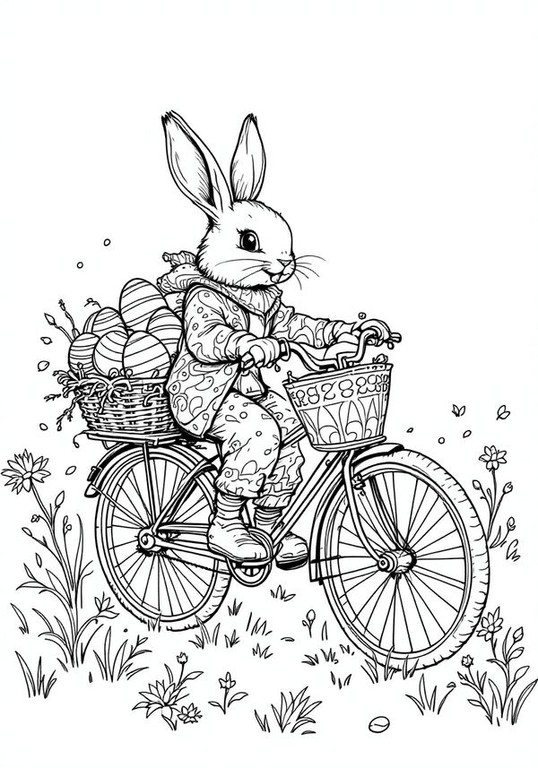 Bunny riding a bicycle full of eggs coloring page