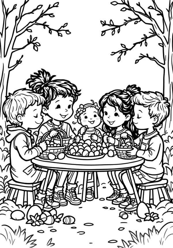 Children making Easter baskets coloring page