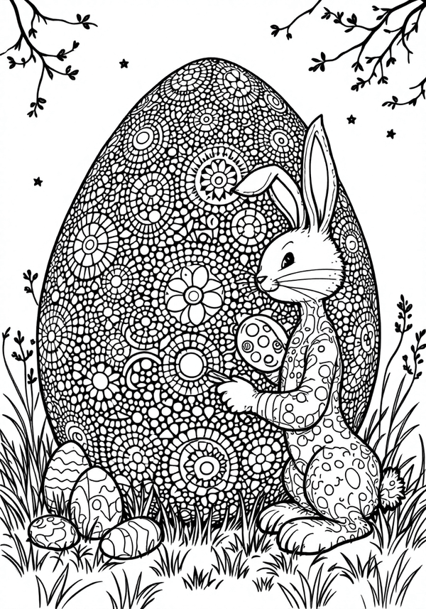 Easter Bunny painting a giant egg coloring page