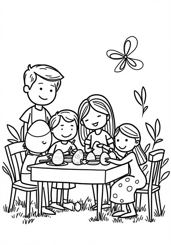 Family painting Easter eggs at the table coloring page
