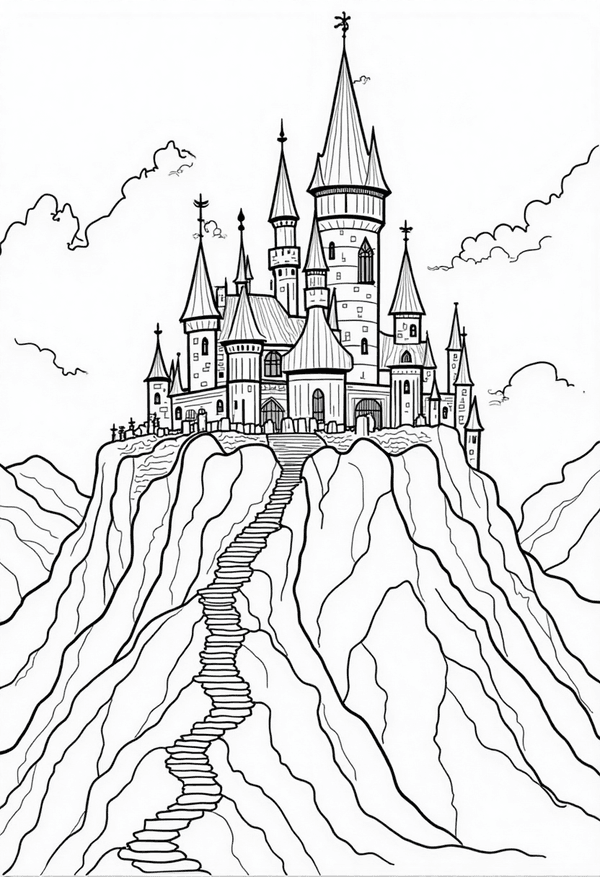 Castle beyond the misty mountains coloring page