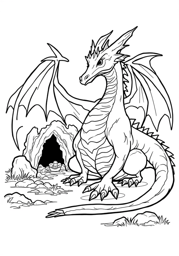 Dragon guarding a treasure cave coloring page