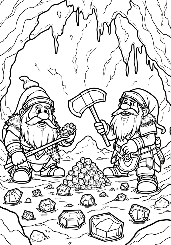 Dwarves mining for precious gems coloring page