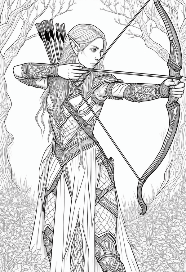 Elven archer in the hidden grove coloring page