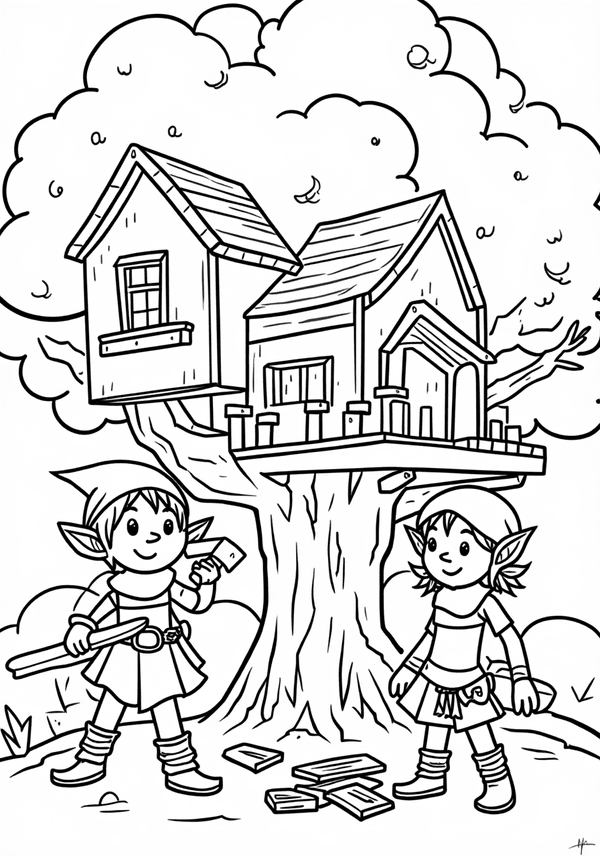 Elves building a treehouse village coloring page