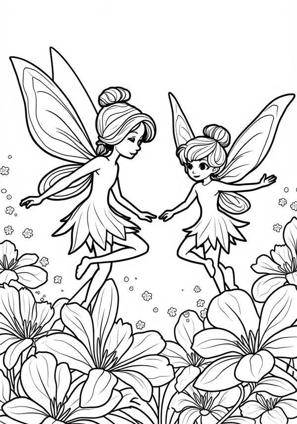 Fairies dancing on dewy flowers coloring page