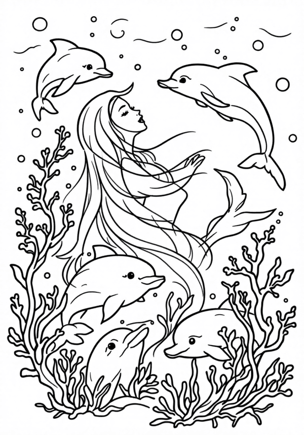 Mermaid singing with dolphins coloring page