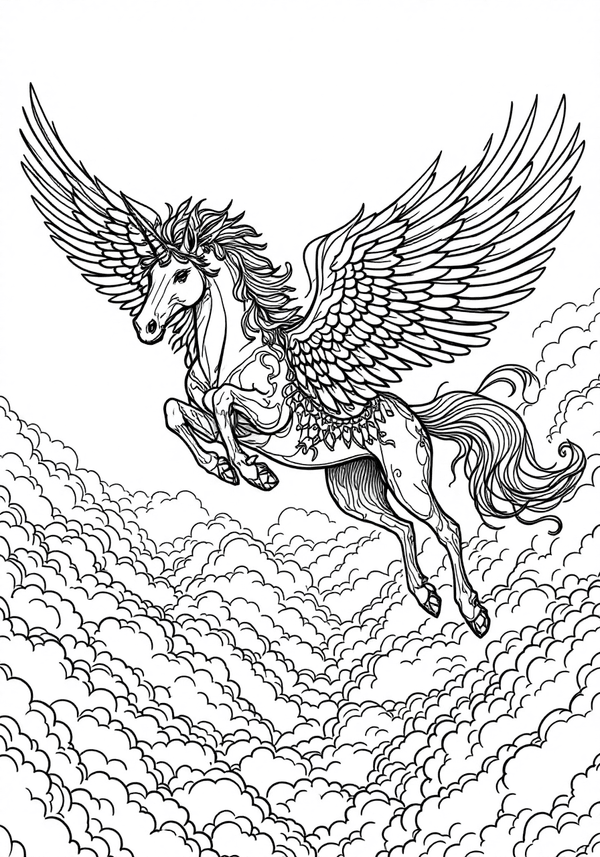 Pegasus soaring above the clouds coloring page