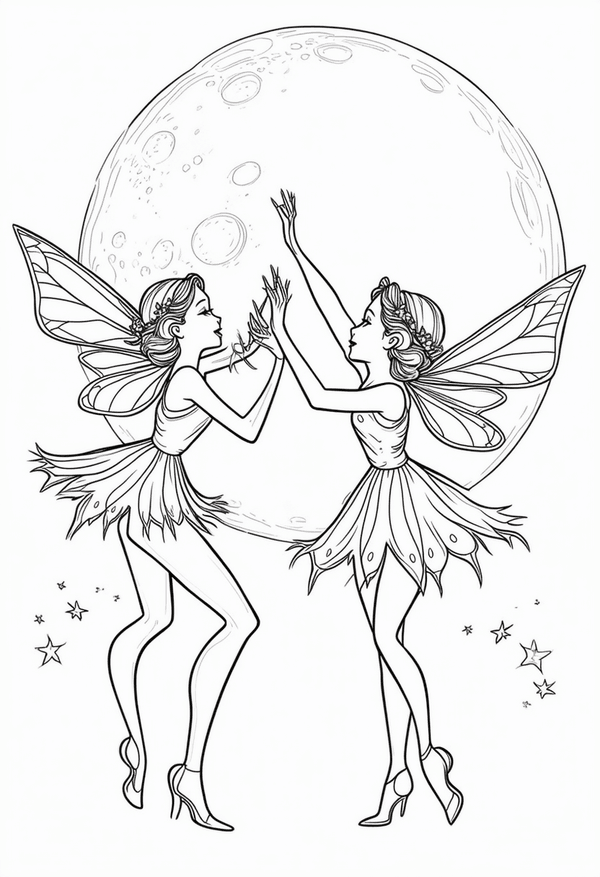Pixies dancing in moonlight coloring page