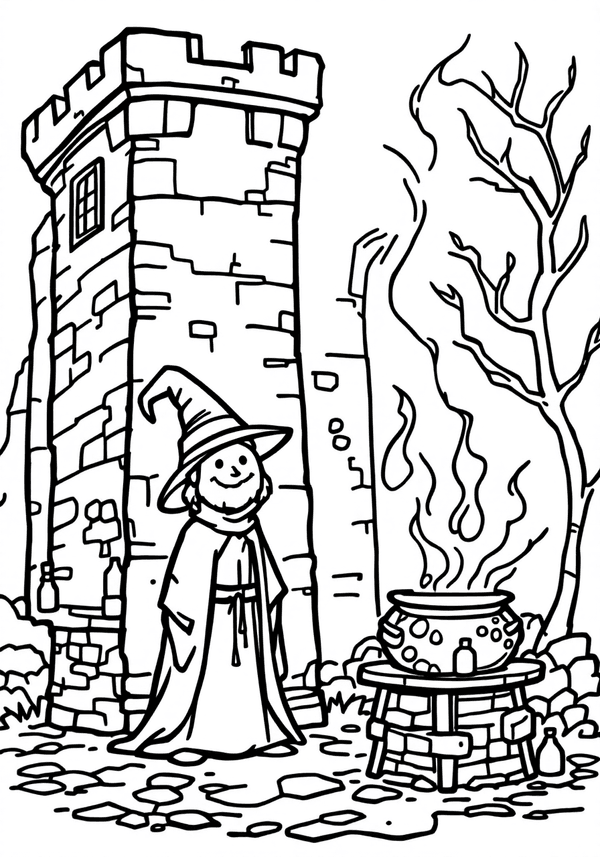 Sorcerer brewing potions in a tower coloring page