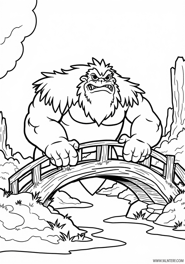 Troll guarding a mossy bridge coloring page