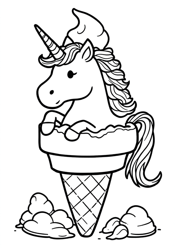Unicorn stuck in a giant ice cream cone coloring page
