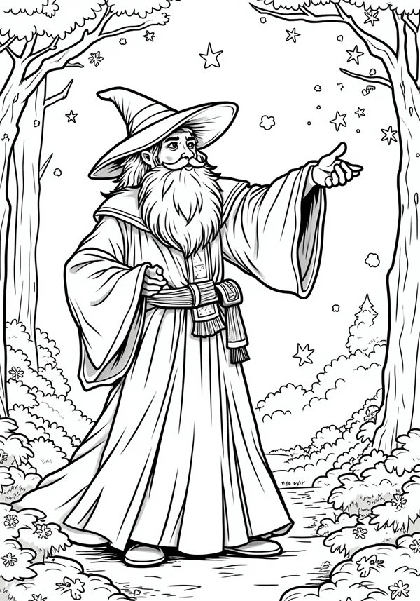 Wizard casting a spell in the forest coloring page