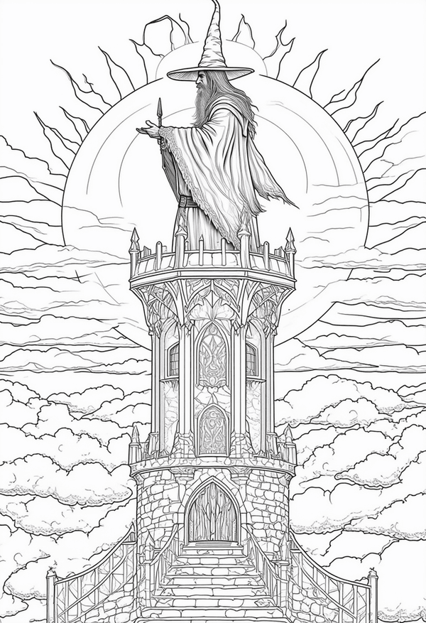 Wizard in a tower at sunrise coloring page