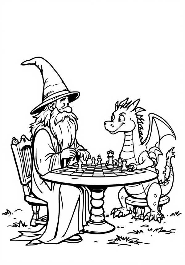 Wizard playing chess with a dragon coloring page