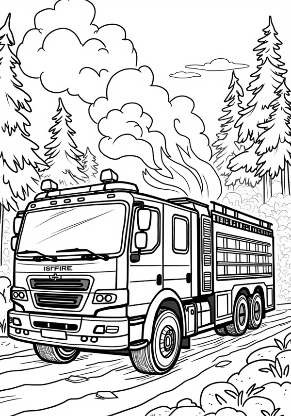 Fire truck heading to forest fire coloring page