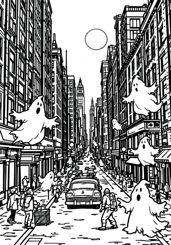 Spooky ghosts scaring New Yorkers coloring page