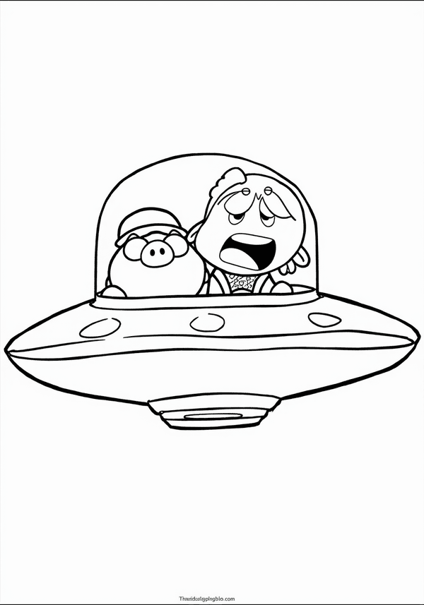 Mabel and Waddles flying in a UFO coloring page