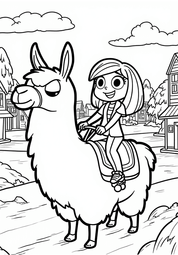 Mabel riding a llama through town coloring page