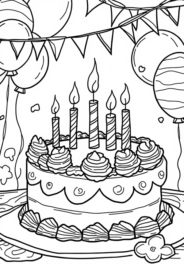 Birthday party with balloons and cake coloring page