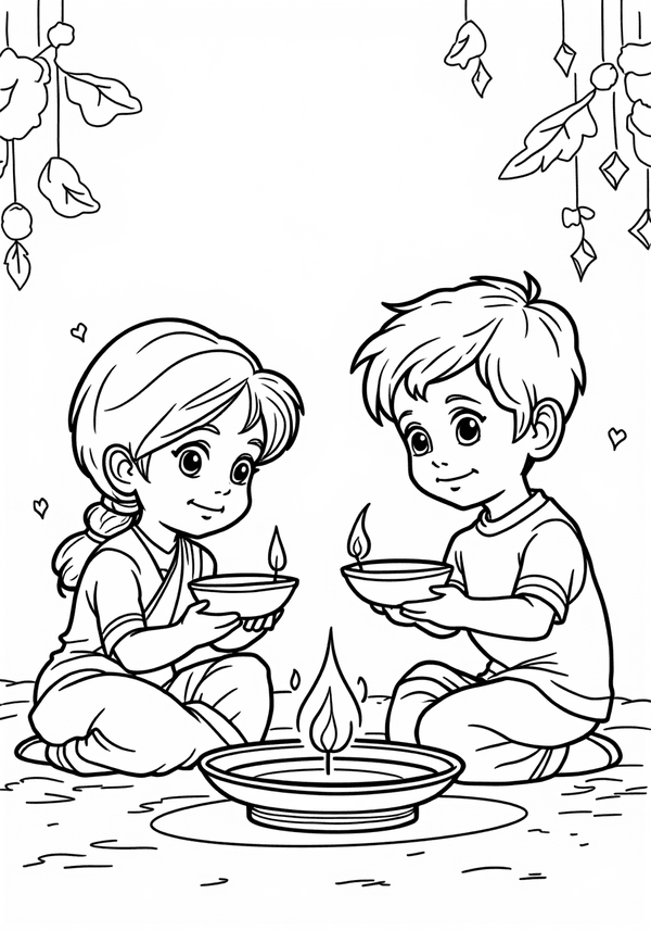 Children lighting Diwali lamps coloring page