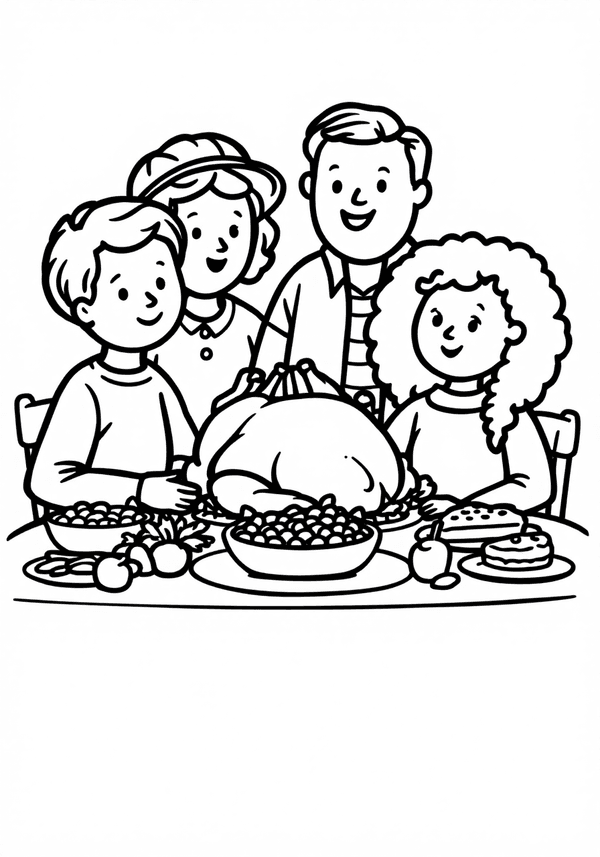 Family having Thanksgiving dinner coloring page