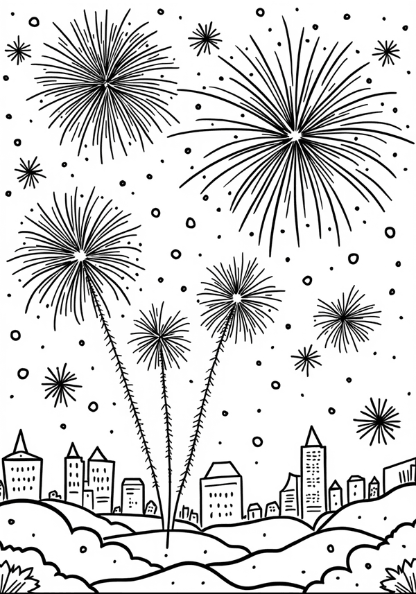 Fireworks exploding on New Year’s Eve coloring page