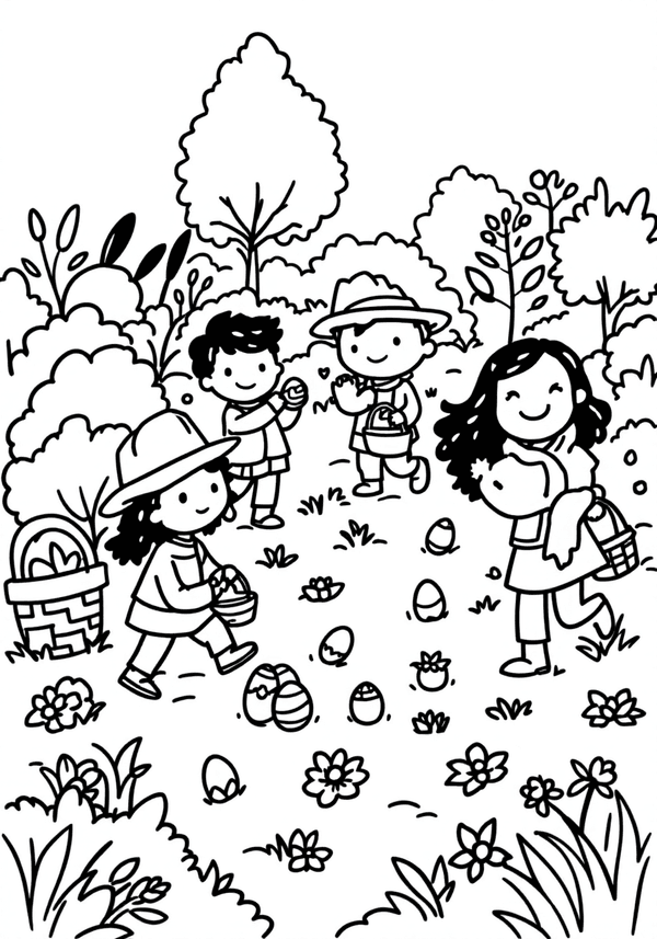 Kids hunting Easter eggs in the garden coloring page