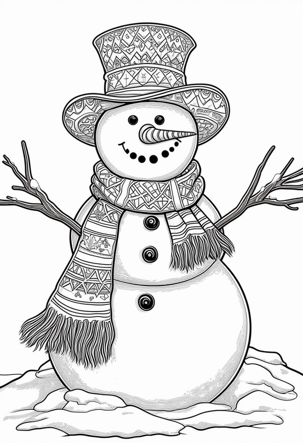 Magical snowman in winter wonderland coloring page