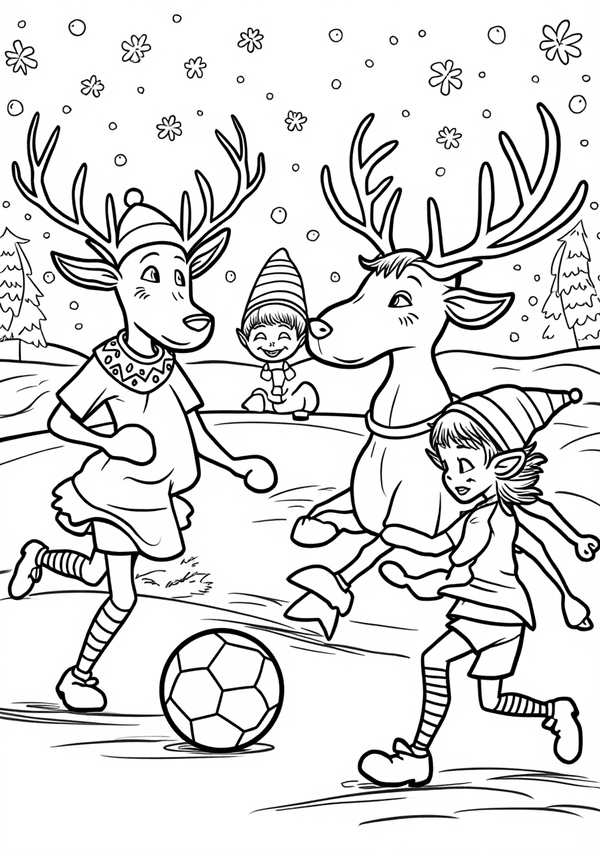 Reindeer playing soccer with elves coloring page
