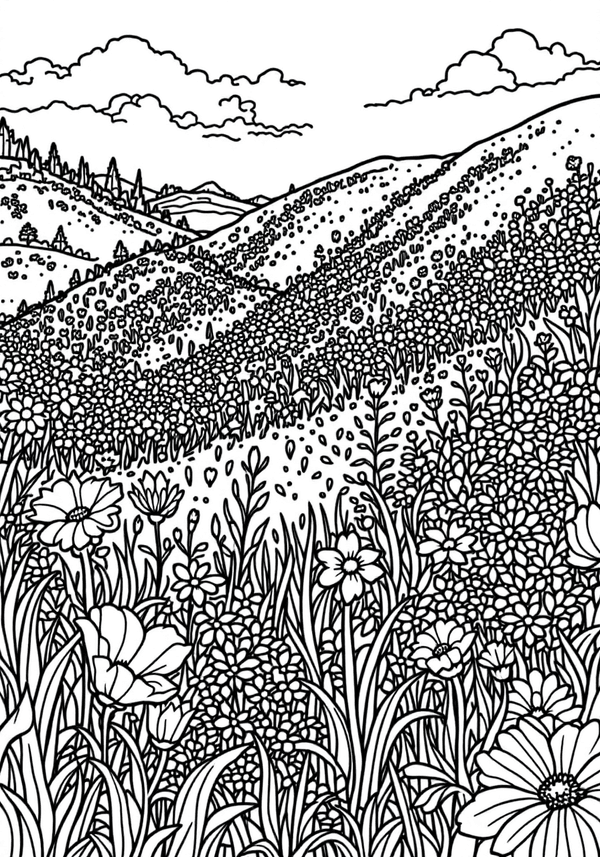 Blooming wildflower valley with mountains coloring page