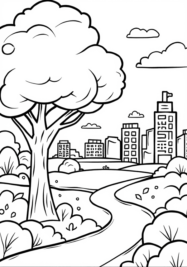 City park in autumn leaves coloring page