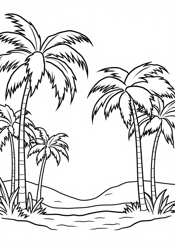 Desert oasis with palm trees coloring page