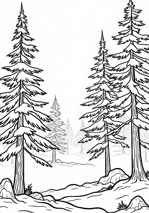 Foggy morning in pine woods coloring page