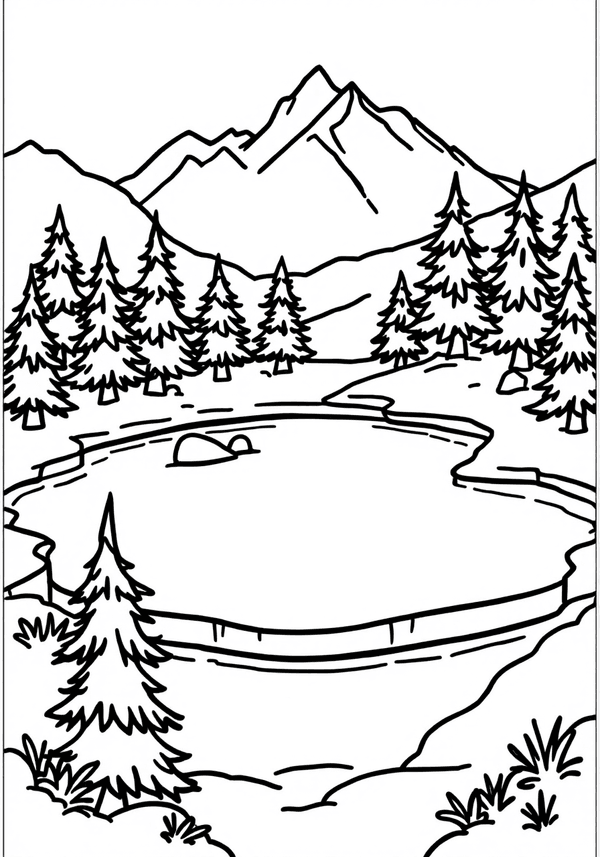 Frozen lake with snowy pine trees coloring page