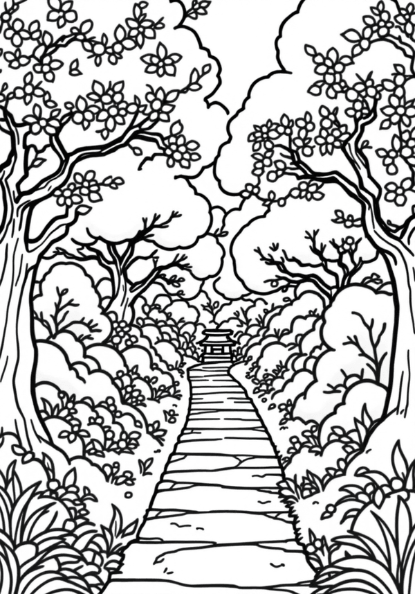 Japanese garden with cherry blossoms coloring page